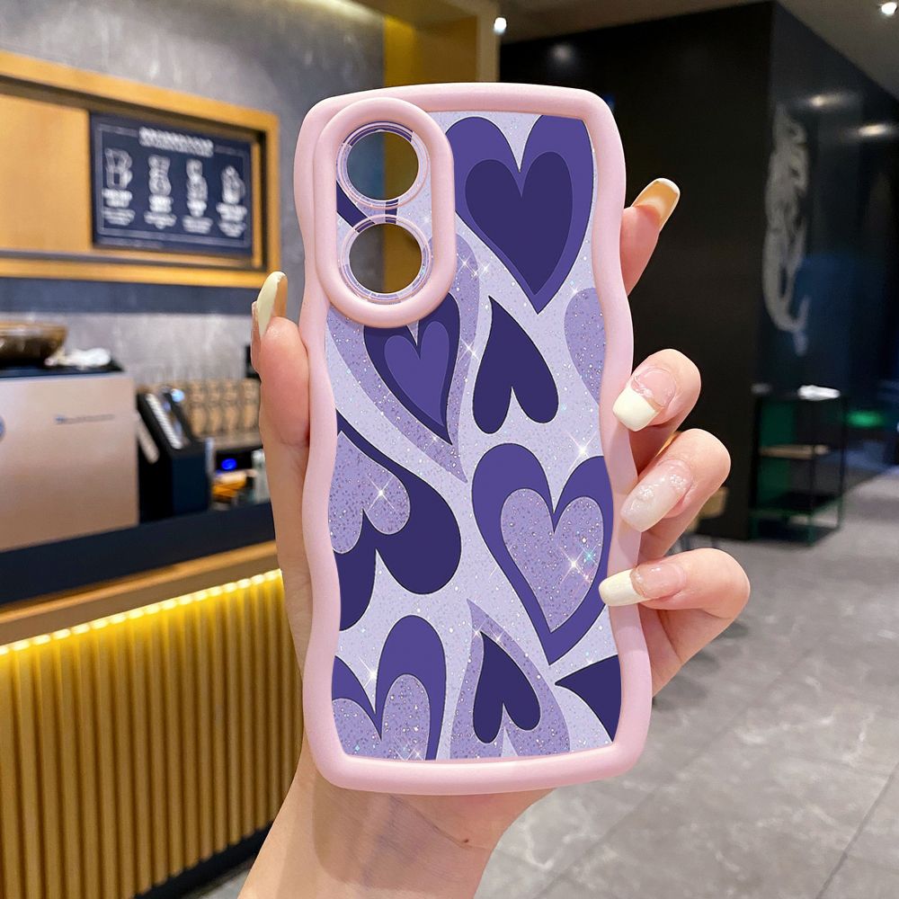 For OPPO A60 A18 A38 A17 A16 A57 A77 A59 A98 A78 A58 5G Liquid Purple Heart Wave Frame Phone Case Anti Drop Cover