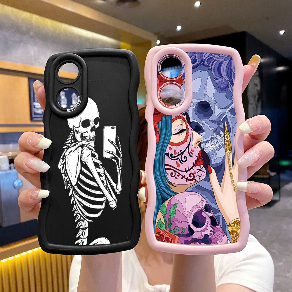 For OPPO Reno 5 6 Lite 7 8 Reno 7Z 8 Z 5F F19 F21 Pro Skull Couple Wave Frame Phone Case Anti Drop Cover