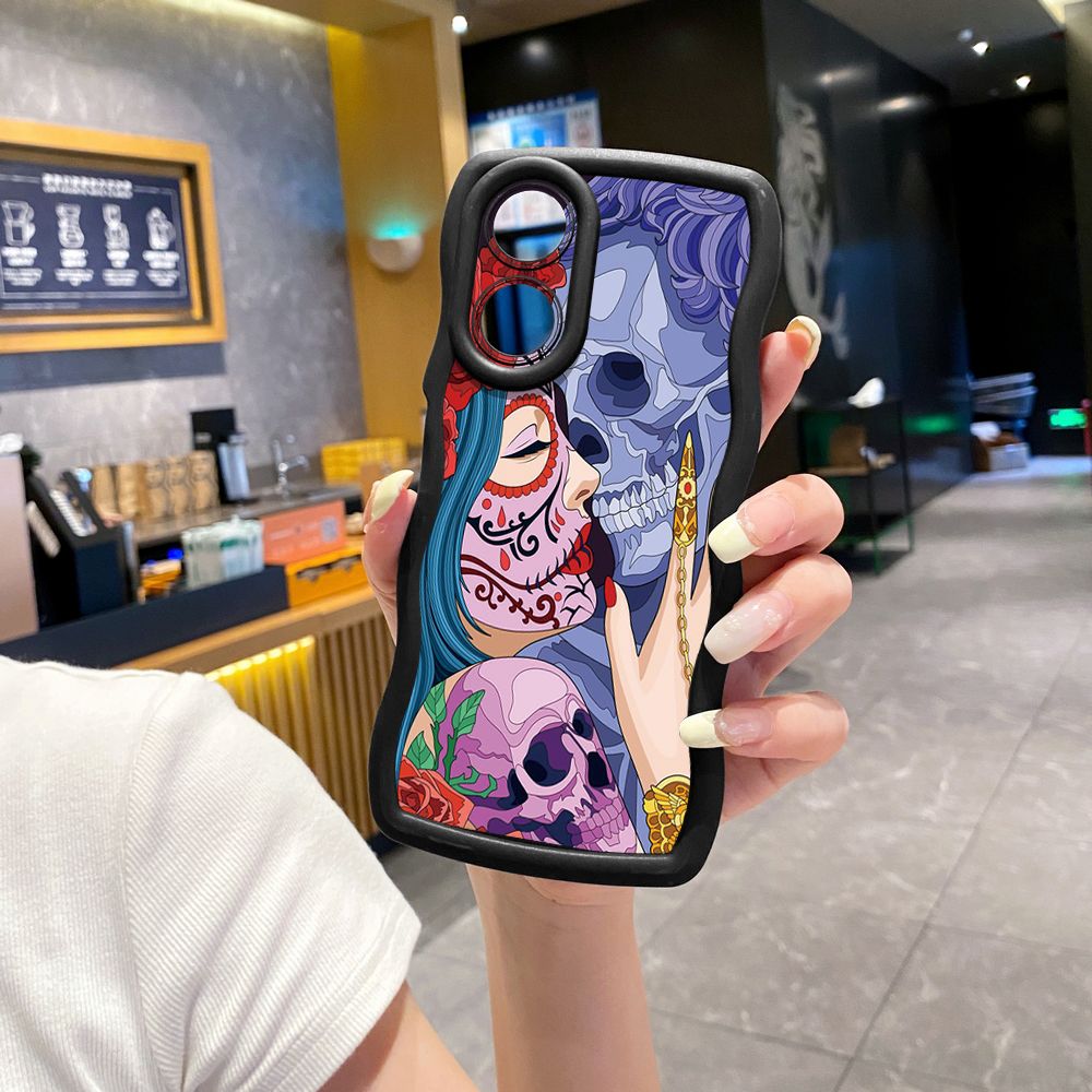 For OPPO Reno 5 6 Lite 7 8 Reno 7Z 8 Z 5F F19 F21 Pro Skull Couple Wave Frame Phone Case Anti Drop Cover