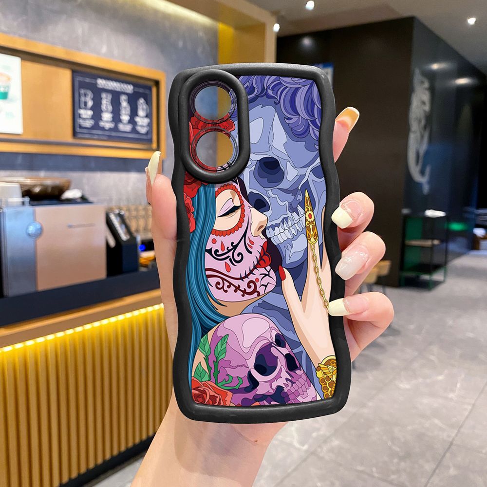 For OPPO Reno 5 6 Lite 7 8 Reno 7Z 8 Z 5F F19 F21 Pro Skull Couple Wave Frame Phone Case Anti Drop Cover
