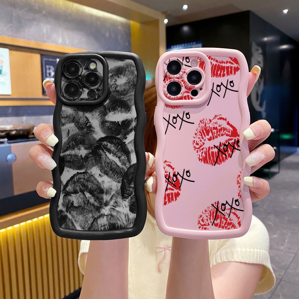 For iPhone 16 Pro Max 15 14 Plus 13 12 11 Pro Max XOXO Lips Wave Frame Phone Case Anti Drop Cover