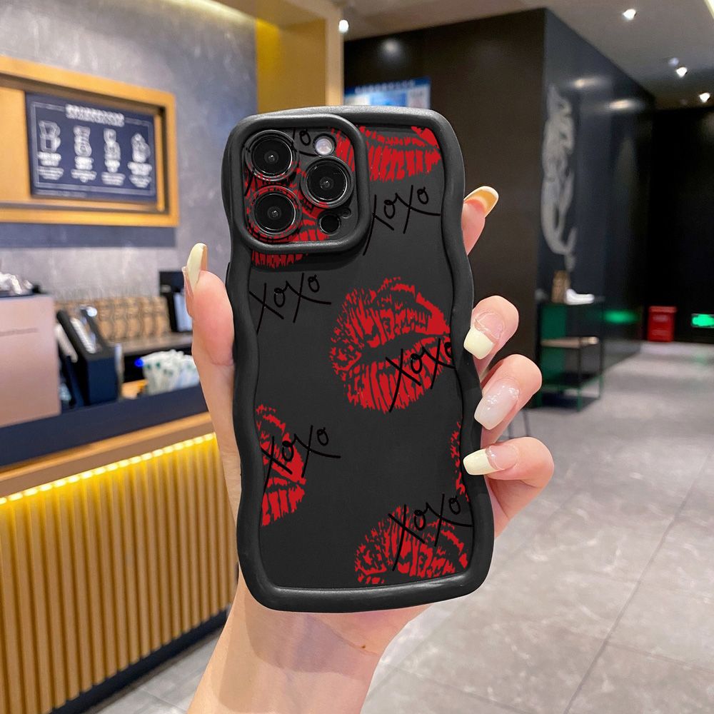 For iPhone 16 Pro Max 15 14 Plus 13 12 11 Pro Max XOXO Lips Wave Frame Phone Case Anti Drop Cover