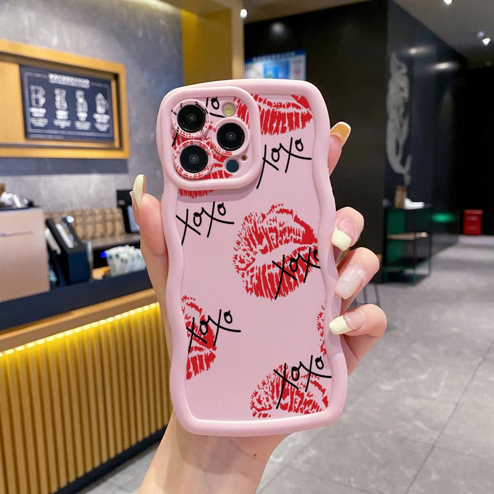 For iPhone 16 Pro Max 15 14 Plus 13 12 11 Pro Max XOXO Lips Wave Frame Phone Case Anti Drop Cover