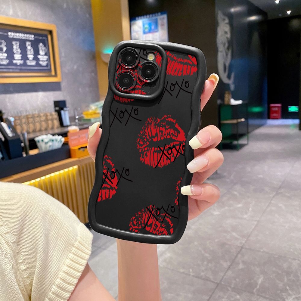 For iPhone 16 Pro Max 15 14 Plus 13 12 11 Pro Max XOXO Lips Wave Frame Phone Case Anti Drop Cover