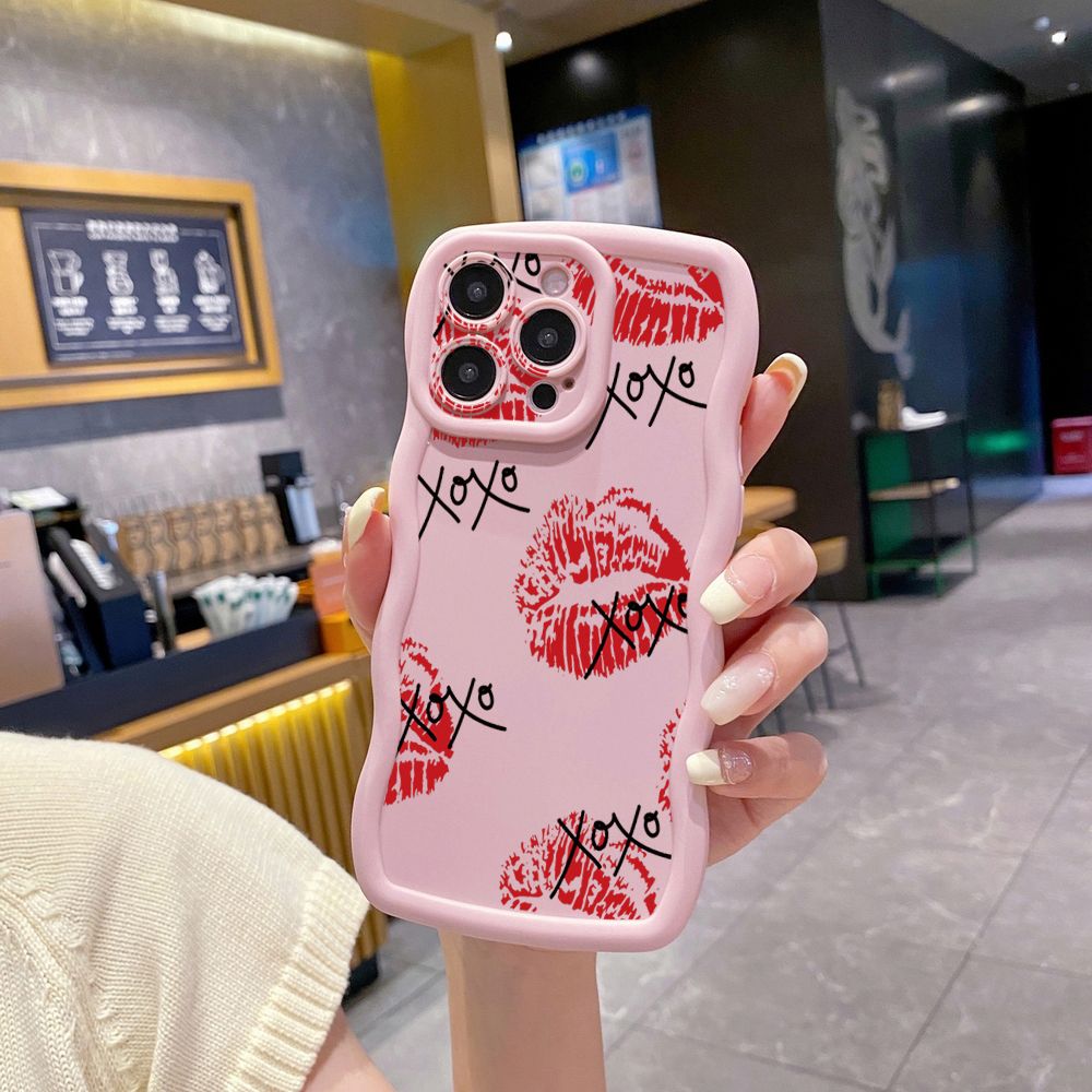 For iPhone 16 Pro Max 15 14 Plus 13 12 11 Pro Max XOXO Lips Wave Frame Phone Case Anti Drop Cover