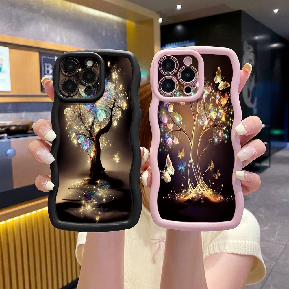 For iPhone 16 Pro Max 15 14 Plus 13 12 11 Pro Max Bling Butterfly Tree Wave Frame Phone Case Anti Drop Cover