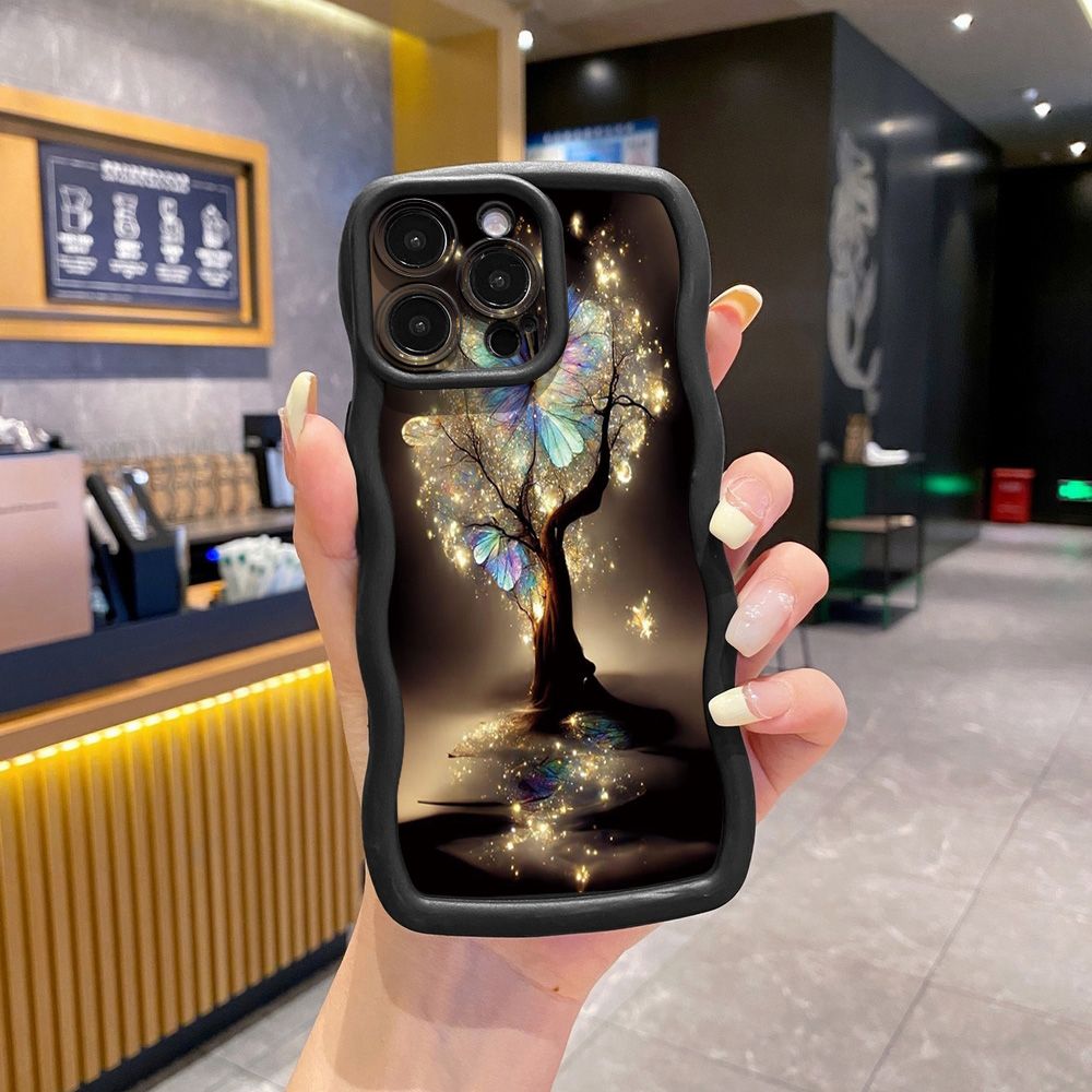 For iPhone 16 Pro Max 15 14 Plus 13 12 11 Pro Max Bling Butterfly Tree Wave Frame Phone Case Anti Drop Cover