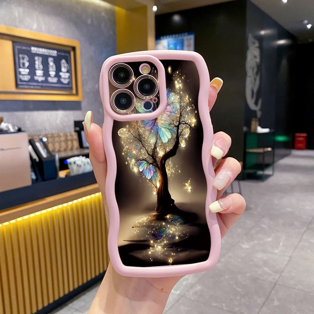 For iPhone 16 Pro Max 15 14 Plus 13 12 11 Pro Max Bling Butterfly Tree Wave Frame Phone Case Anti Drop Cover