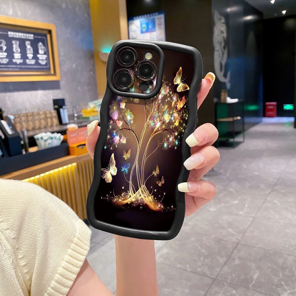 For iPhone 16 Pro Max 15 14 Plus 13 12 11 Pro Max Bling Butterfly Tree Wave Frame Phone Case Anti Drop Cover