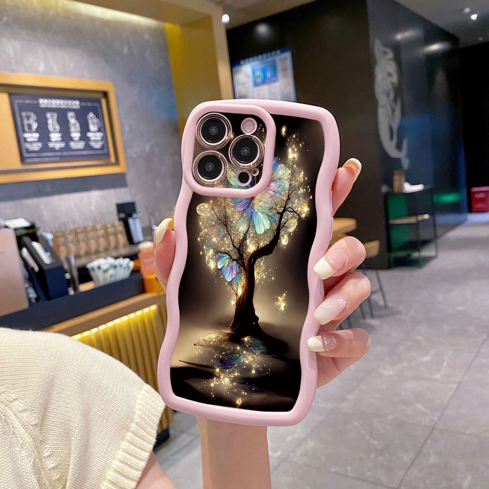 For iPhone 16 Pro Max 15 14 Plus 13 12 11 Pro Max Bling Butterfly Tree Wave Frame Phone Case Anti Drop Cover