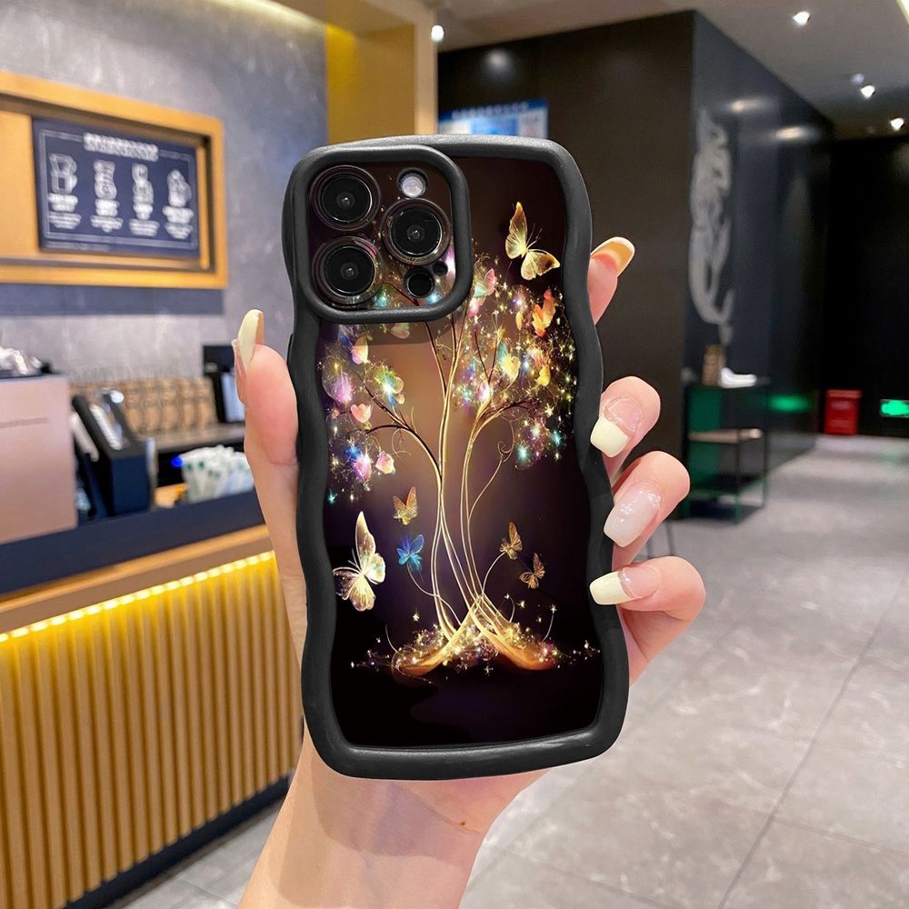 For iPhone 16 Pro Max 15 14 Plus 13 12 11 Pro Max Bling Butterfly Tree Wave Frame Phone Case Anti Drop Cover