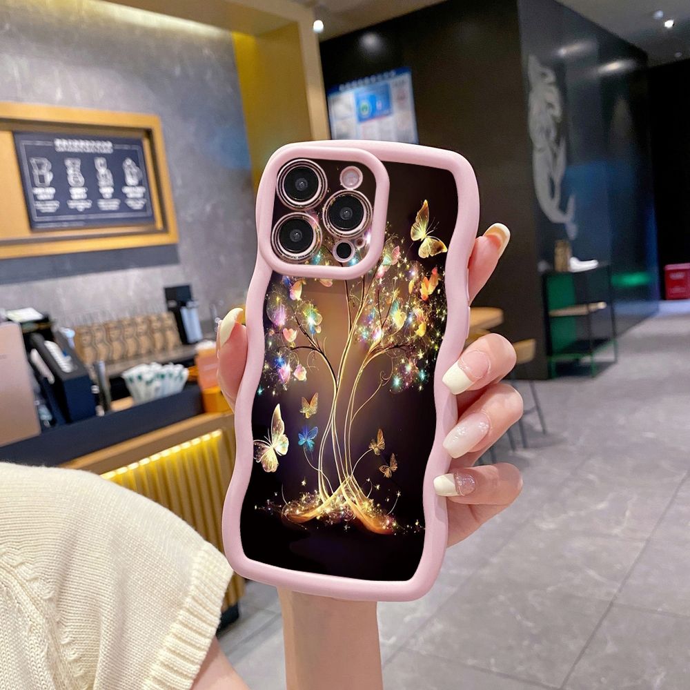 For iPhone 16 Pro Max 15 14 Plus 13 12 11 Pro Max Bling Butterfly Tree Wave Frame Phone Case Anti Drop Cover