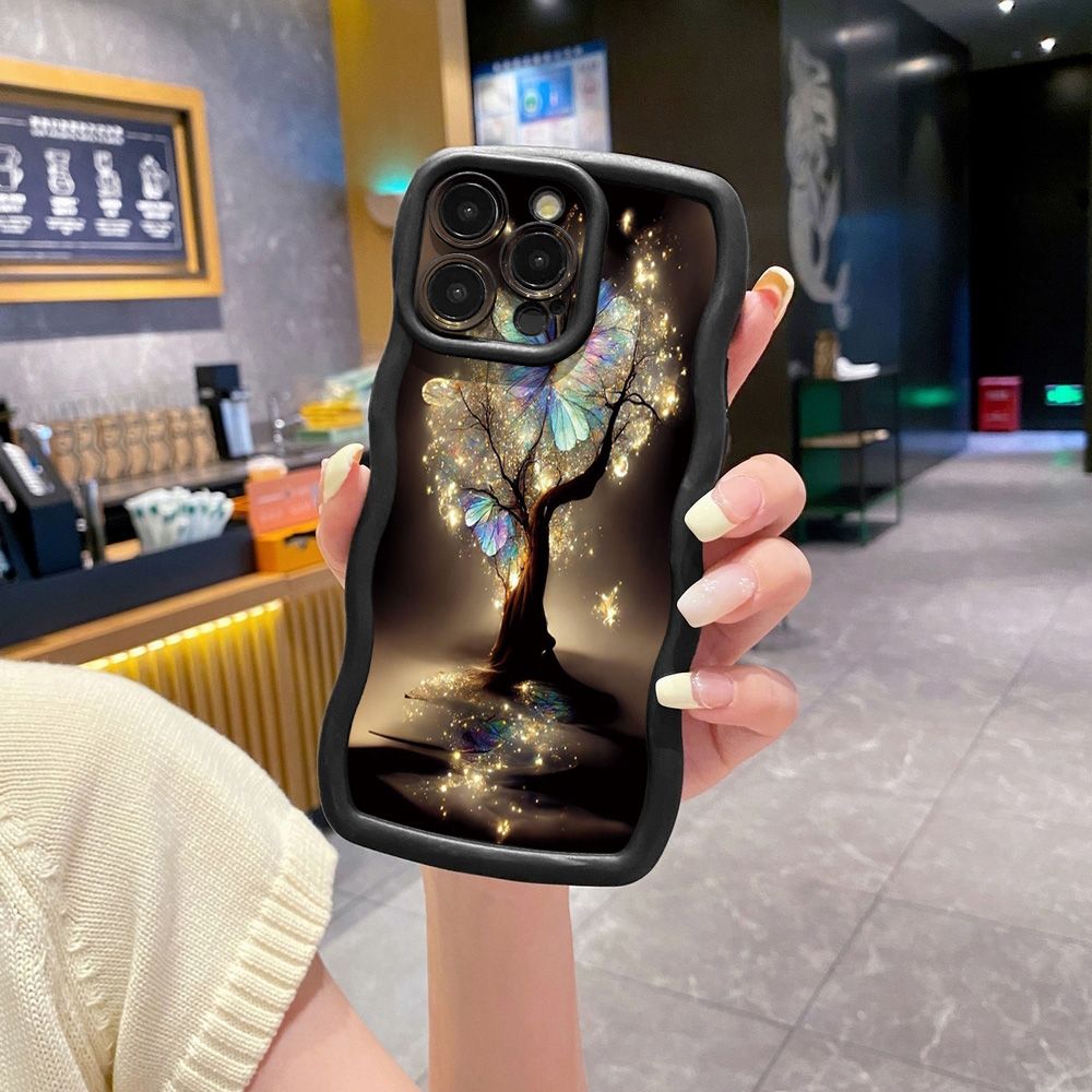 For iPhone 16 Pro Max 15 14 Plus 13 12 11 Pro Max Bling Butterfly Tree Wave Frame Phone Case Anti Drop Cover