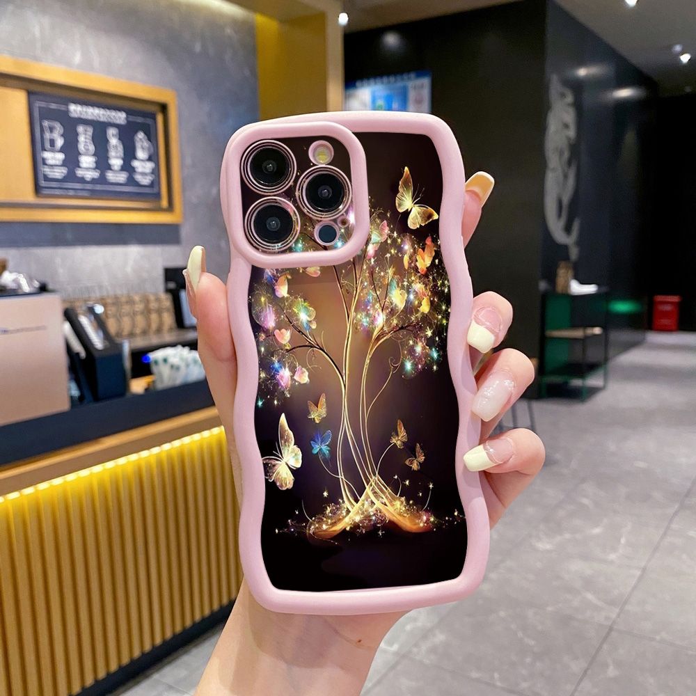 For iPhone 16 Pro Max 15 14 Plus 13 12 11 Pro Max Bling Butterfly Tree Wave Frame Phone Case Anti Drop Cover