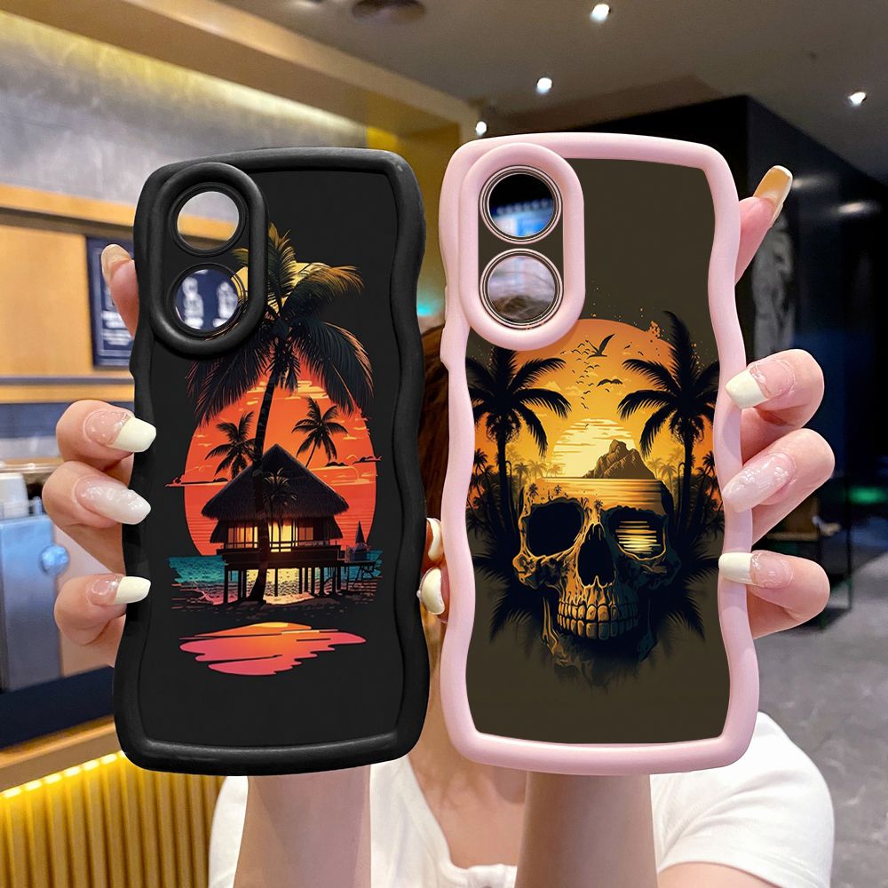 For OPPO Reno 5 6 Lite 7 8 Reno 7Z 8 Z 5F F19 F21 Pro Skull Coconut Tree Wave Frame Phone Case Anti Drop Cover