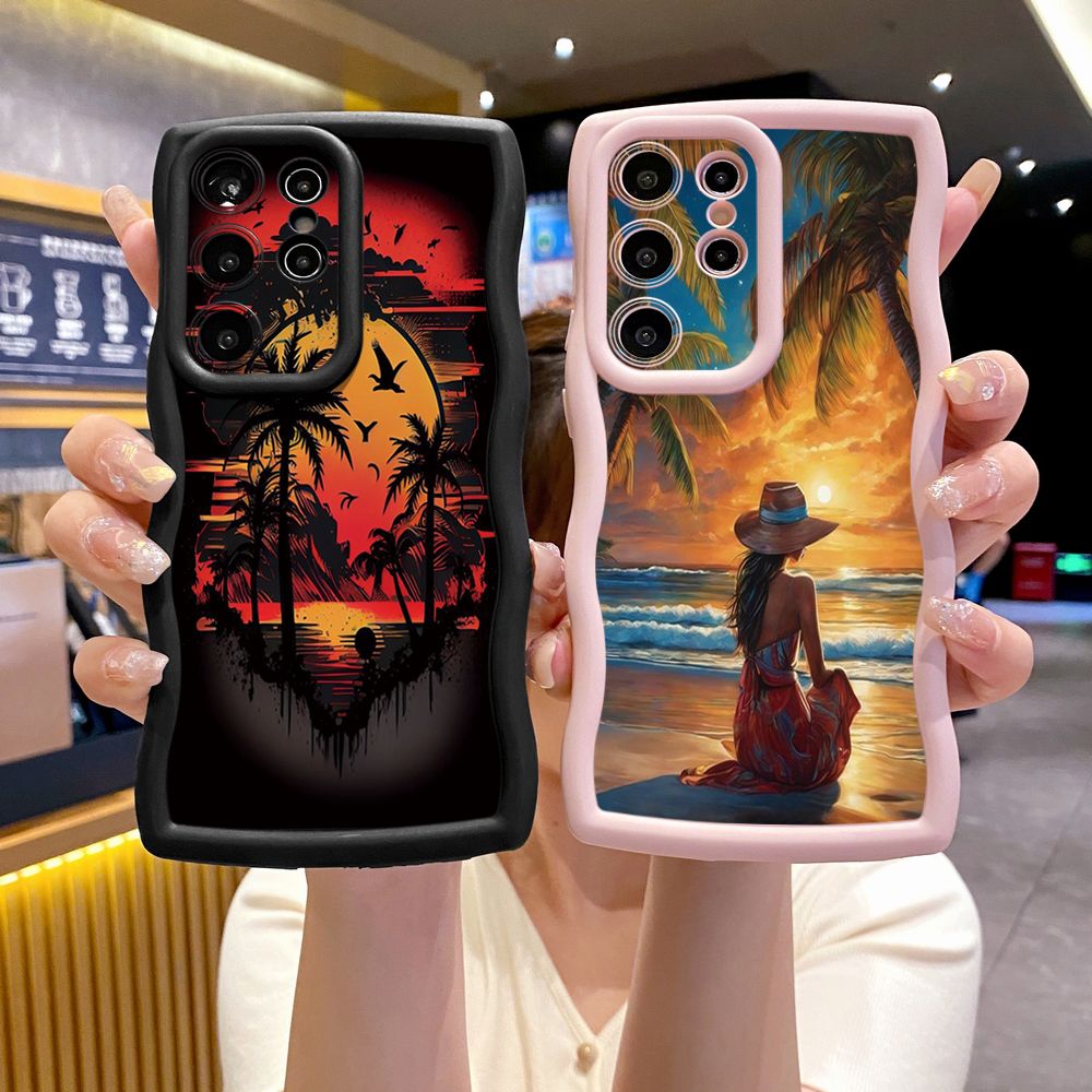 For Samsung Galaxy S24 S23 Ultra S22 Plus S21 FE S20 Coconut Tree Vocation Girl Wave Frame Phone Case Anti Drop Cover