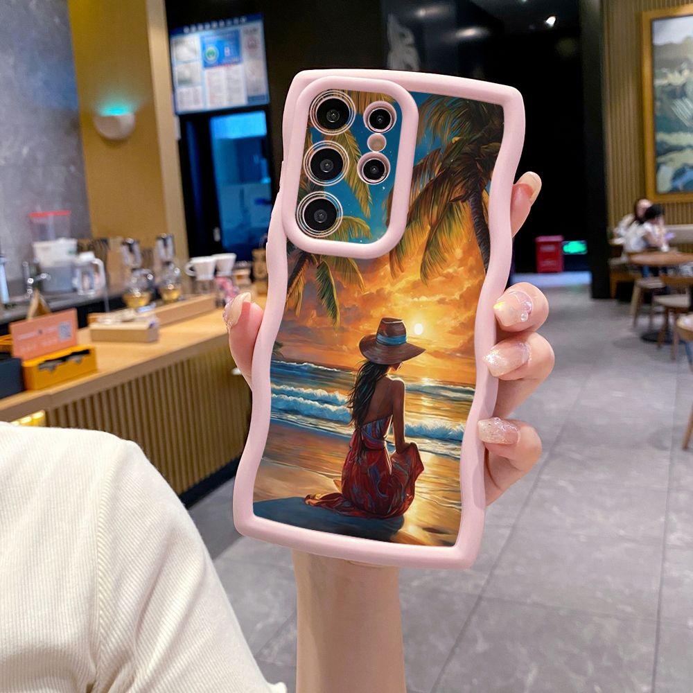 For Samsung Galaxy S24 S23 Ultra S22 Plus S21 FE S20 Coconut Tree Vocation Girl Wave Frame Phone Case Anti Drop Cover