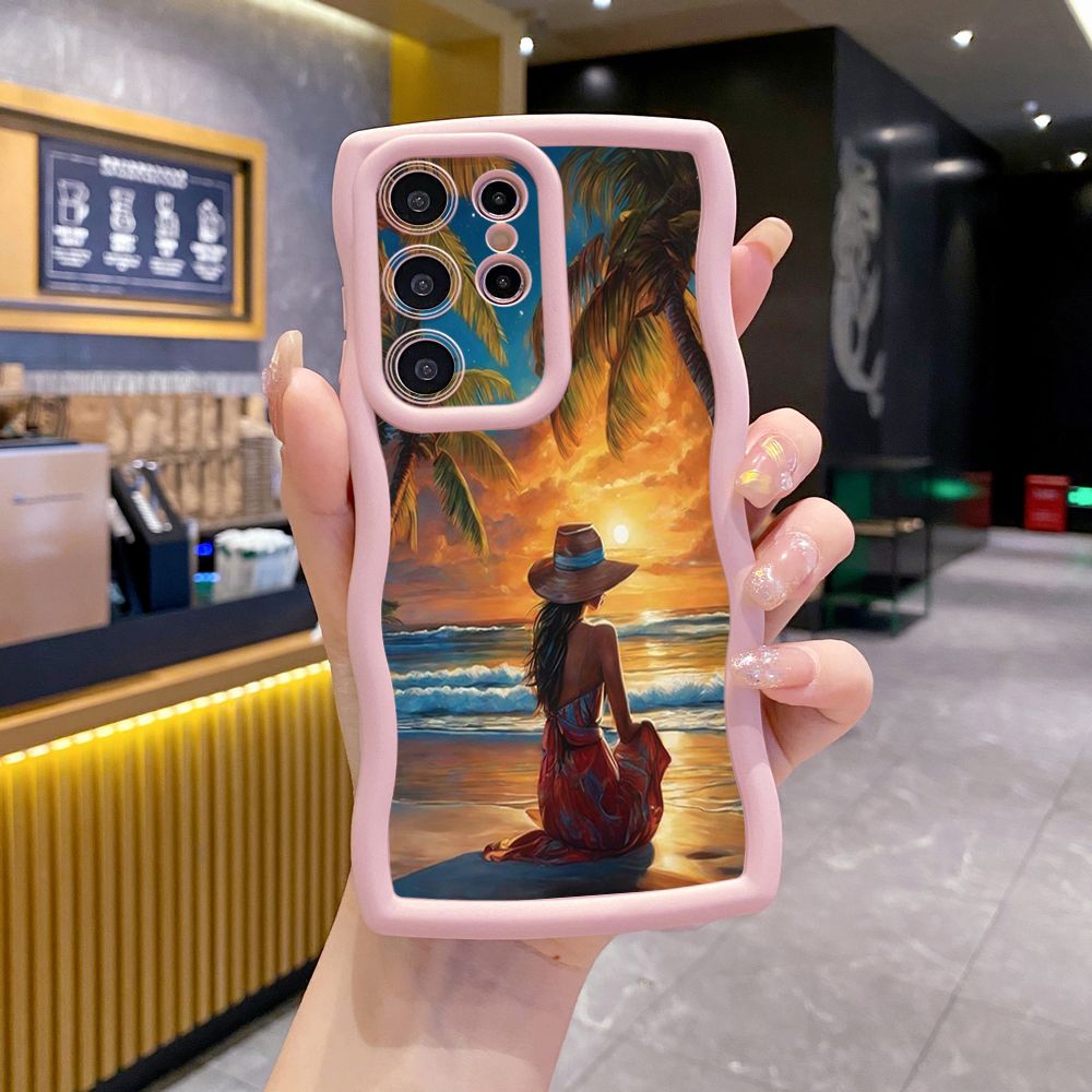 For Samsung Galaxy S24 S23 Ultra S22 Plus S21 FE S20 Coconut Tree Vocation Girl Wave Frame Phone Case Anti Drop Cover