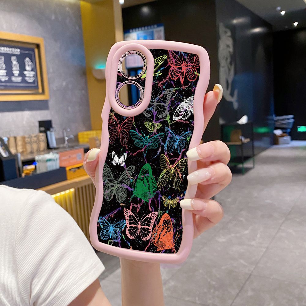 For OPPO Reno 5 6 Lite 7 8 Reno 7Z 8 Z 5F F19 F21 Pro Colorful Pink Crystal Butterfly Wave Frame Phone Case Anti Drop Cover