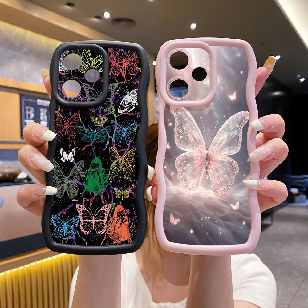 For Realme C67 C53 C51 Note 50 C21Y C25Y C33 C30 C35 9i Colorful Pink Crystal Butterfly Wave Frame Phone Case Anti Drop Cover