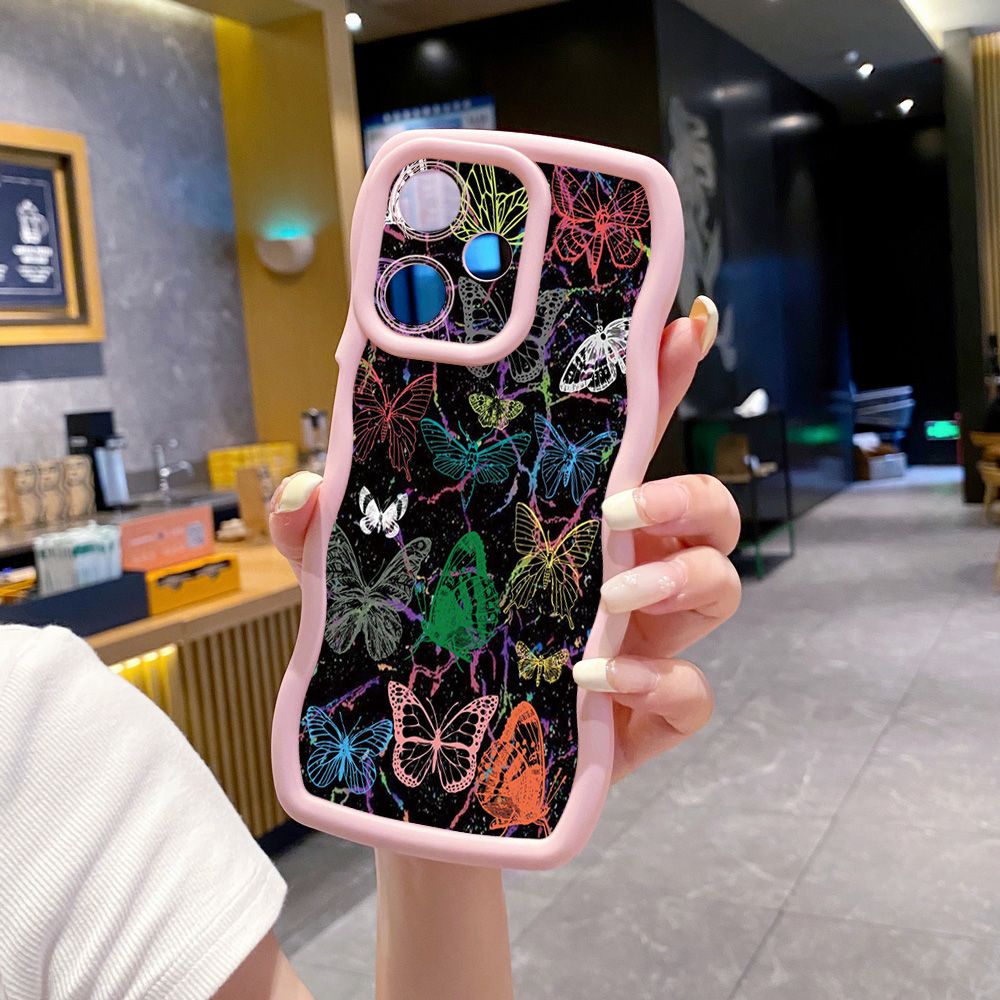For Realme C67 C53 C51 Note 50 C21Y C25Y C33 C30 C35 9i Colorful Pink Crystal Butterfly Wave Frame Phone Case Anti Drop Cover
