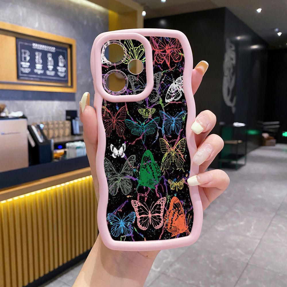 For Realme C67 C53 C51 Note 50 C21Y C25Y C33 C30 C35 9i Colorful Pink Crystal Butterfly Wave Frame Phone Case Anti Drop Cover