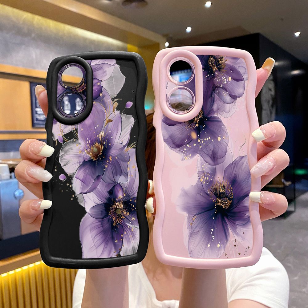 For OPPO Reno 5 6 Lite 7 8 Reno 7Z 8 Z 5F F19 F21 Pro Purple Golden Flower Wave Frame Phone Case Anti Drop Cover