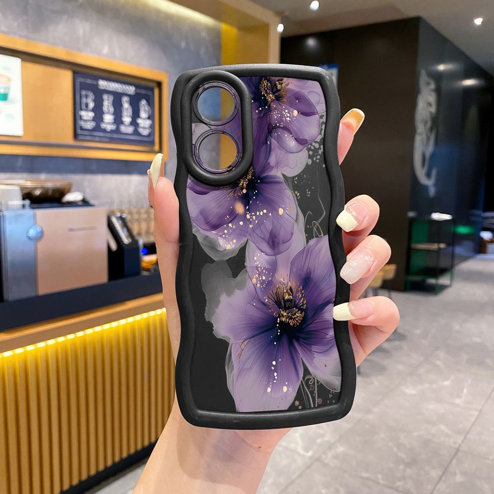 For OPPO Reno 5 6 Lite 7 8 Reno 7Z 8 Z 5F F19 F21 Pro Purple Golden Flower Wave Frame Phone Case Anti Drop Cover