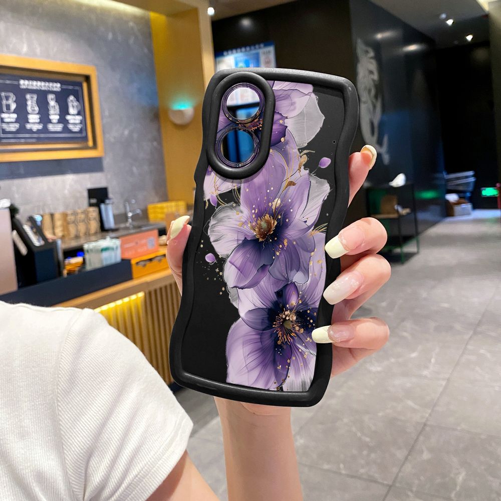 For OPPO A60 A18 A38 A17 A16 A57 A77 A59 A98 A78 A58 5G Purple Golden Flower Wave Frame Phone Case Anti Drop Cover