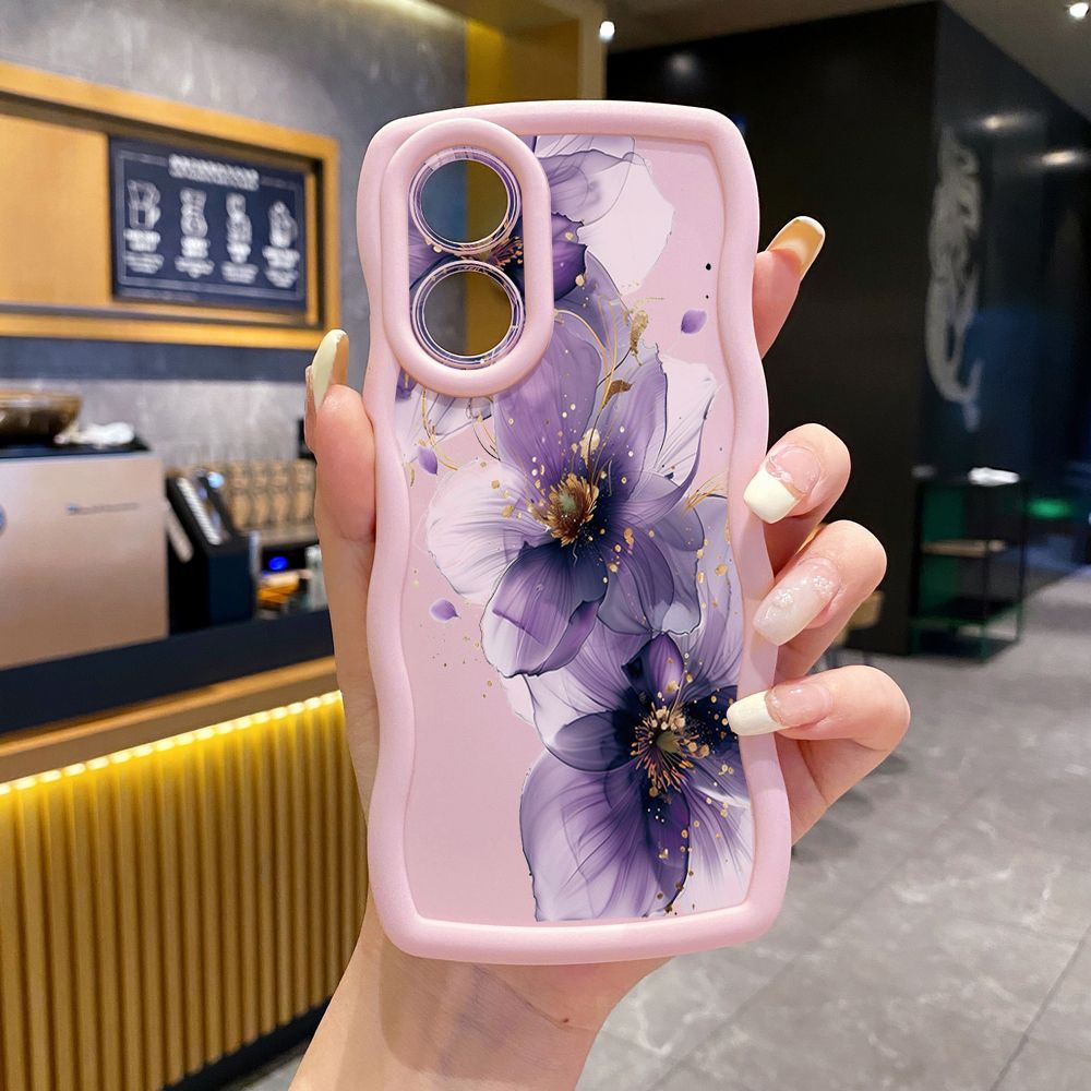 For OPPO A60 A18 A38 A17 A16 A57 A77 A59 A98 A78 A58 5G Purple Golden Flower Wave Frame Phone Case Anti Drop Cover