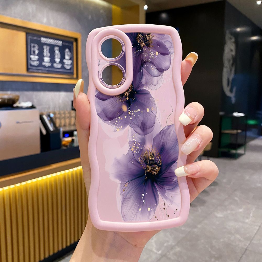 For OPPO A60 A18 A38 A17 A16 A57 A77 A59 A98 A78 A58 5G Purple Golden Flower Wave Frame Phone Case Anti Drop Cover