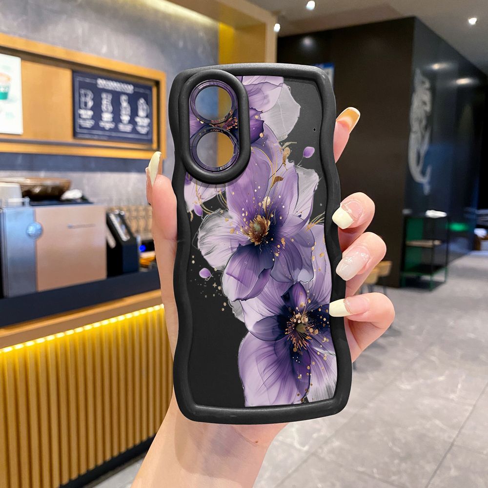 For OPPO A60 A18 A38 A17 A16 A57 A77 A59 A98 A78 A58 5G Purple Golden Flower Wave Frame Phone Case Anti Drop Cover