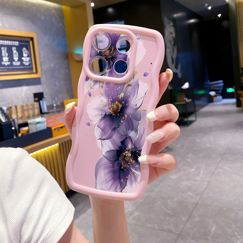For Xiaomi Redmi Note 13 Pro 5G 12S 12 Turbo 11S 13C 12C Purple Golden Flower Wave Frame Phone Case Anti Drop Cover