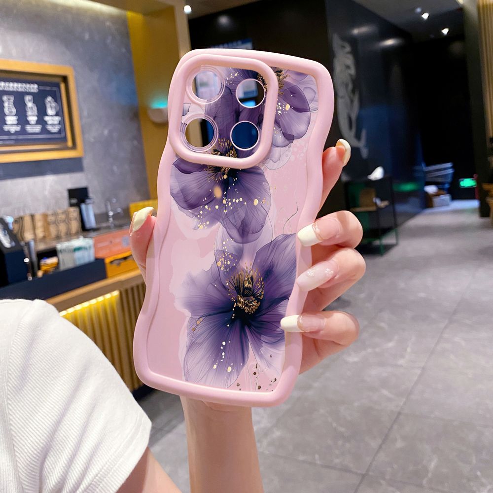 For Xiaomi Redmi Note 13 Pro 5G 12S 12 Turbo 11S 13C 12C Purple Golden Flower Wave Frame Phone Case Anti Drop Cover