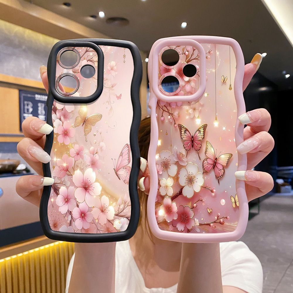 For Realme C67 C53 C51 Note 50 C21Y C25Y C33 C30 C35 9i Golden Pink Butterfly Wave Frame Phone Case Anti Drop Cover