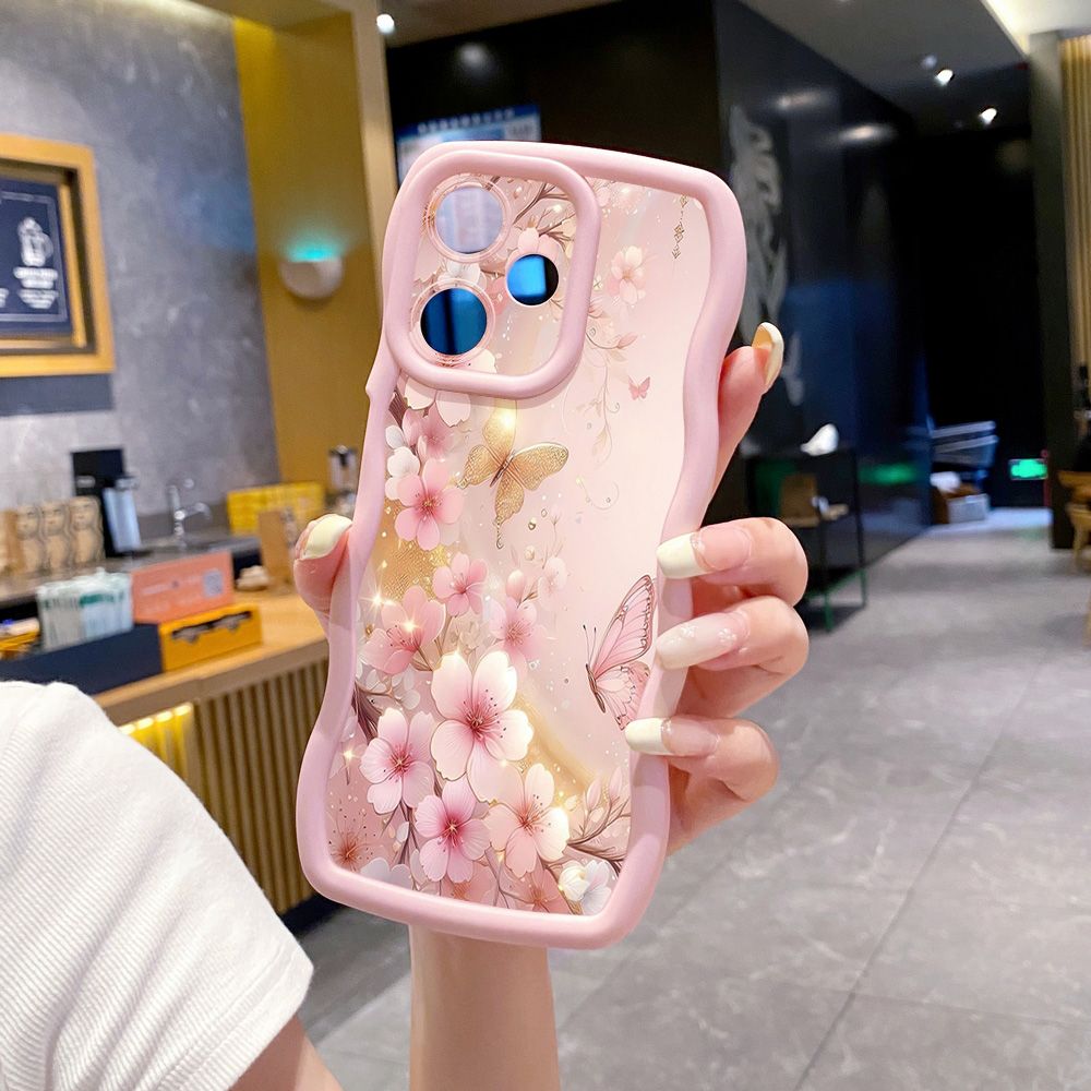 For Realme C67 C53 C51 Note 50 C21Y C25Y C33 C30 C35 9i Golden Pink Butterfly Wave Frame Phone Case Anti Drop Cover
