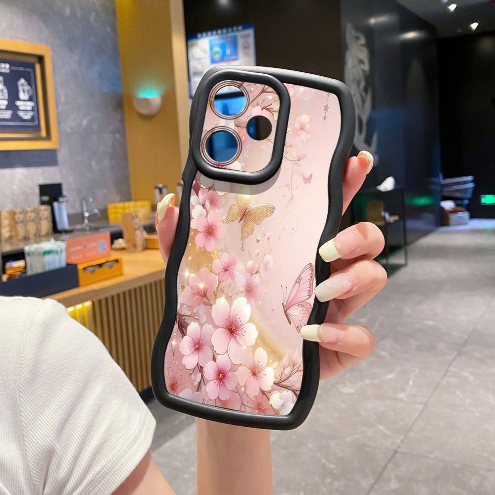 For Realme C67 C53 C51 Note 50 C21Y C25Y C33 C30 C35 9i Golden Pink Butterfly Wave Frame Phone Case Anti Drop Cover