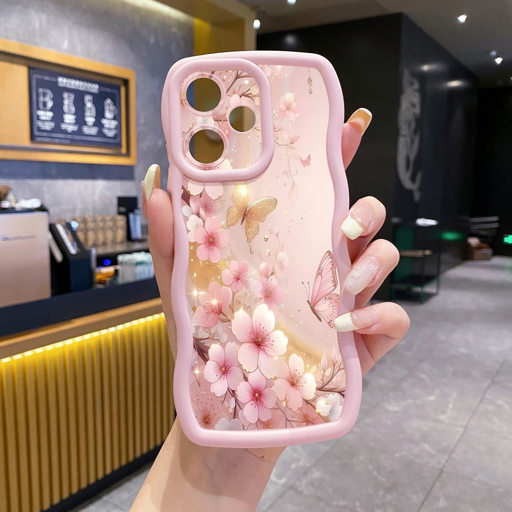 For Realme C67 C53 C51 Note 50 C21Y C25Y C33 C30 C35 9i Golden Pink Butterfly Wave Frame Phone Case Anti Drop Cover