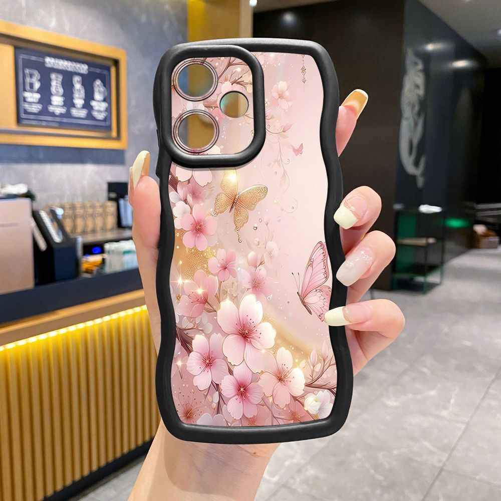 For Realme C67 C53 C51 Note 50 C21Y C25Y C33 C30 C35 9i Golden Pink Butterfly Wave Frame Phone Case Anti Drop Cover