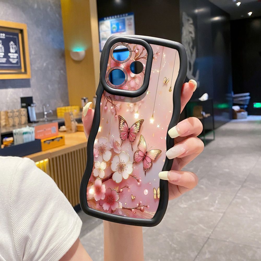 For Realme C67 C53 C51 Note 50 C21Y C25Y C33 C30 C35 9i Golden Pink Butterfly Wave Frame Phone Case Anti Drop Cover