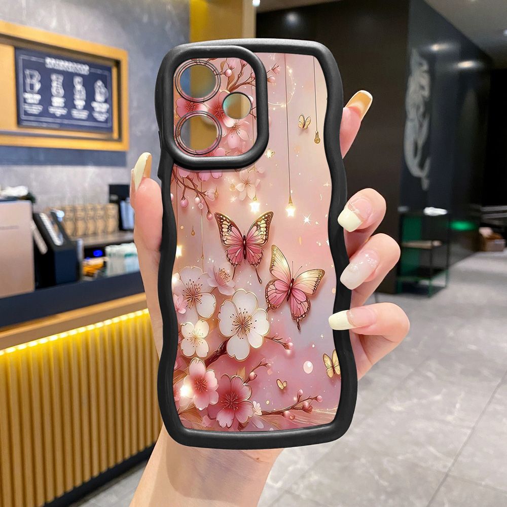 For Realme C67 C53 C51 Note 50 C21Y C25Y C33 C30 C35 9i Golden Pink Butterfly Wave Frame Phone Case Anti Drop Cover