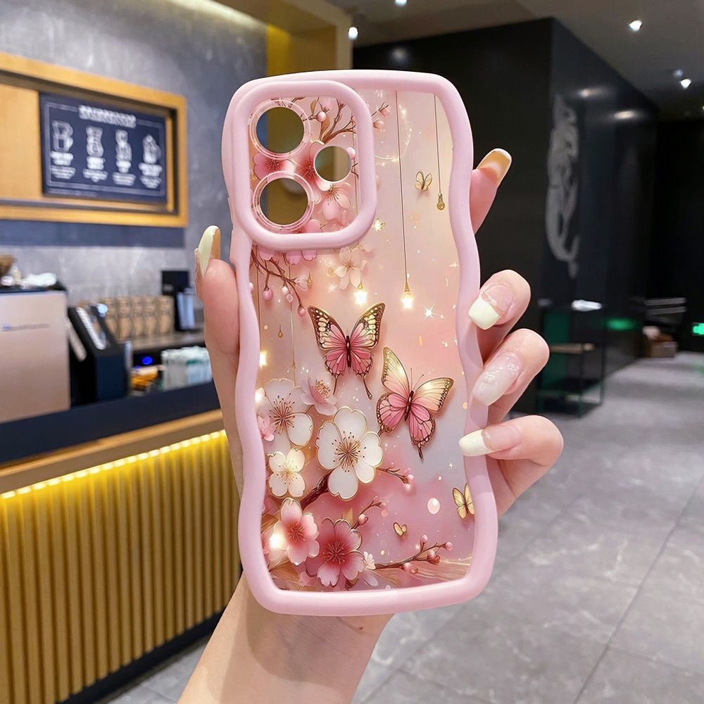 For Realme C67 C53 C51 Note 50 C21Y C25Y C33 C30 C35 9i Golden Pink Butterfly Wave Frame Phone Case Anti Drop Cover