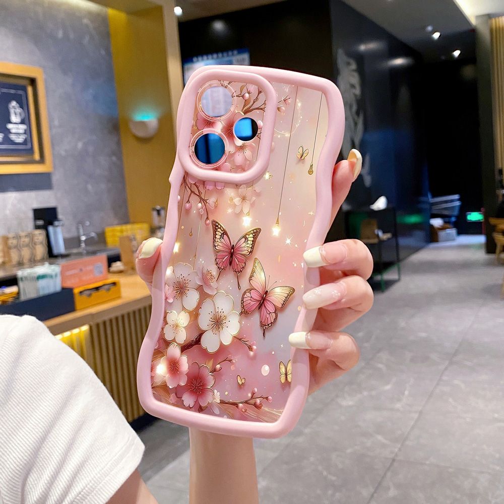 For Realme C67 C53 C51 Note 50 C21Y C25Y C33 C30 C35 9i Golden Pink Butterfly Wave Frame Phone Case Anti Drop Cover