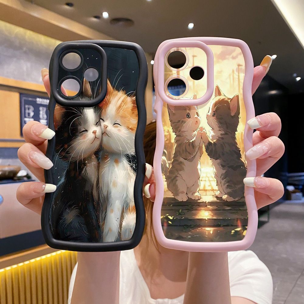 For Realme C67 C53 C51 Note 50 C21Y C25Y C33 C30 C35 9i Lovely Cat Kitty Couple Wave Frame Phone Case Anti Drop Cover