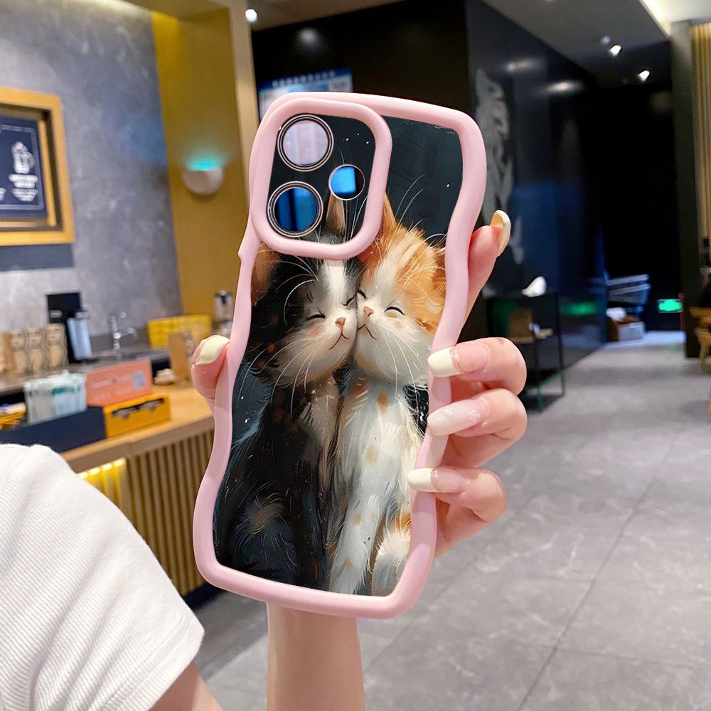 For Realme C67 C53 C51 Note 50 C21Y C25Y C33 C30 C35 9i Lovely Cat Kitty Couple Wave Frame Phone Case Anti Drop Cover