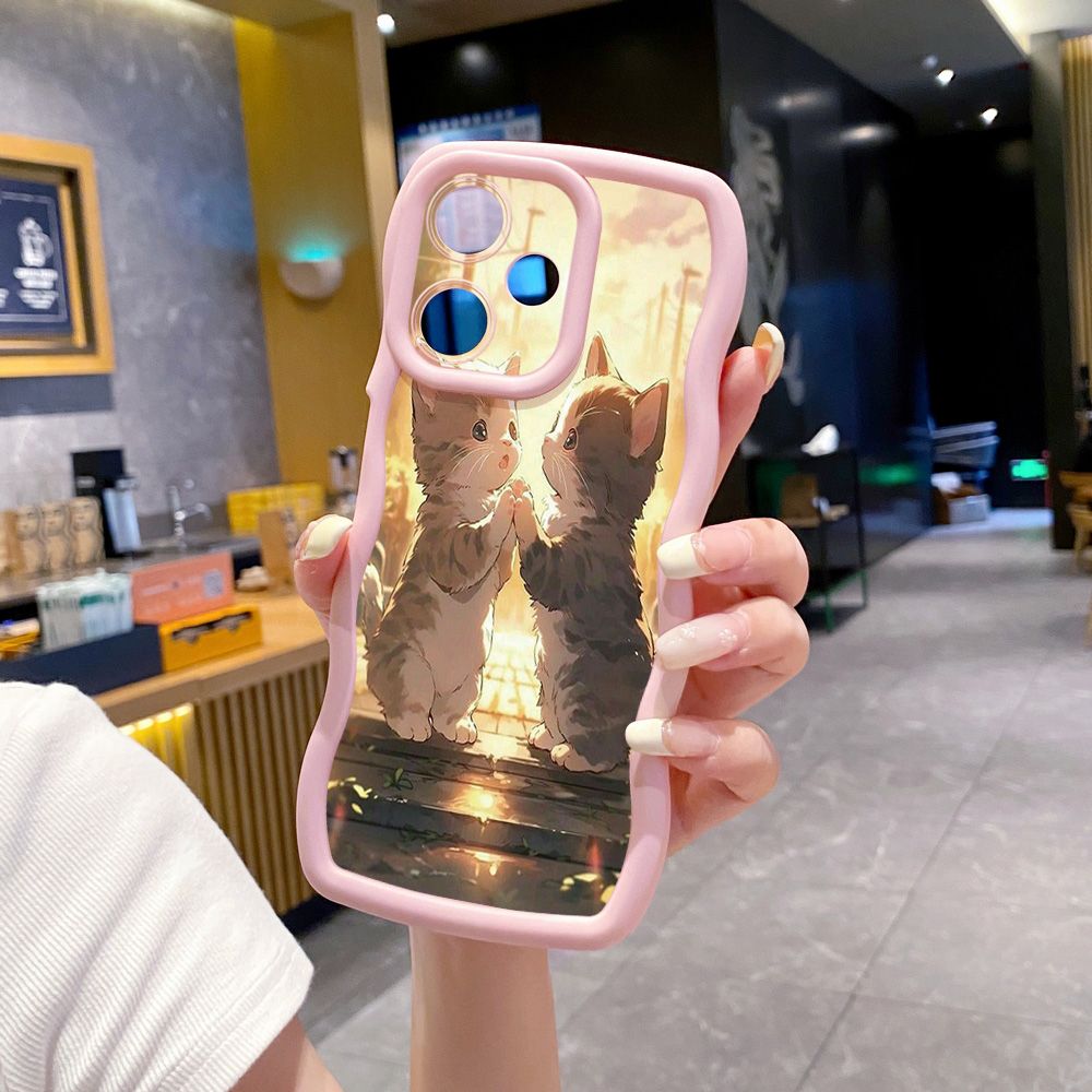 For Realme C67 C53 C51 Note 50 C21Y C25Y C33 C30 C35 9i Lovely Cat Kitty Couple Wave Frame Phone Case Anti Drop Cover