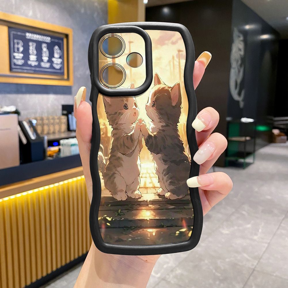 For Realme C67 C53 C51 Note 50 C21Y C25Y C33 C30 C35 9i Lovely Cat Kitty Couple Wave Frame Phone Case Anti Drop Cover