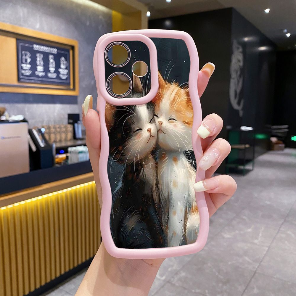 For Realme C67 C53 C51 Note 50 C21Y C25Y C33 C30 C35 9i Lovely Cat Kitty Couple Wave Frame Phone Case Anti Drop Cover
