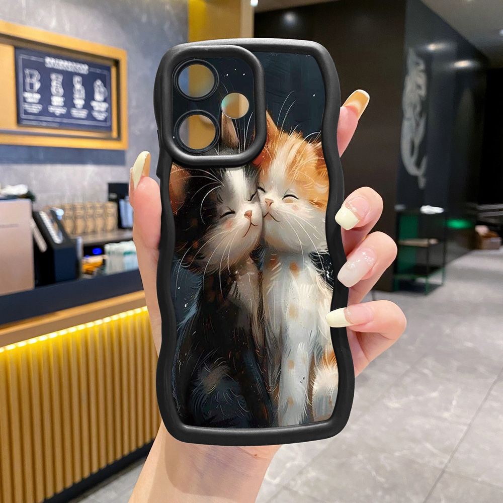 For Realme C67 C53 C51 Note 50 C21Y C25Y C33 C30 C35 9i Lovely Cat Kitty Couple Wave Frame Phone Case Anti Drop Cover
