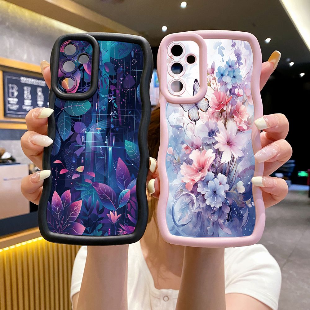 For Samsung Galaxy A15 A05 A35 A06 A14 A34 A33 A53 A73 A32 A16 A72 Blue Pink Floral Wave Frame Phone Case Anti Drop Cover